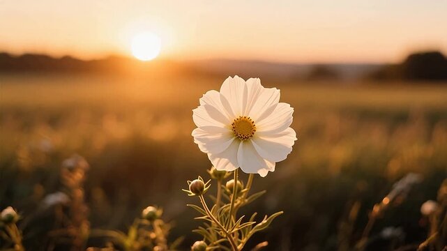 White flower in field at sunset