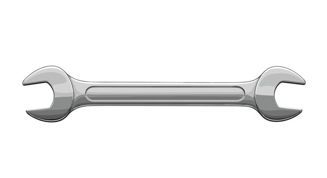 A clean front facing view of a double ended open wrench features polished silver metal with a central recessed grip area and smooth curved silhouettes.