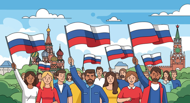 Russian people celebrate with flags in front of Kremlin, Moscow landmarks