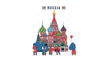 Saint Basil's Cathedral, Moscow, Russia with people in traditional costumes © Muhamad