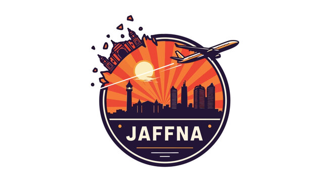 Jaffna Sri Lanka Cityscape Logo with Airplane and Sunset.