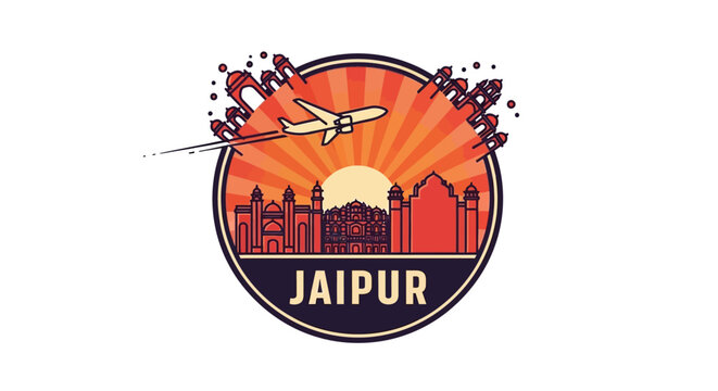 Jaipur India Travel Logo with Airplane and Sunset Design.