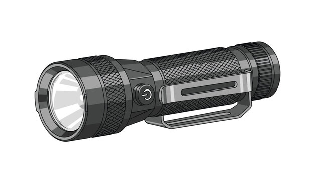 A rugged tactical black flashlight lies horizontally featuring a textured knurled grip and a sturdy metal pocket clip on a clean white background surface.