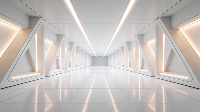 Futuristic white corridor with geometric design