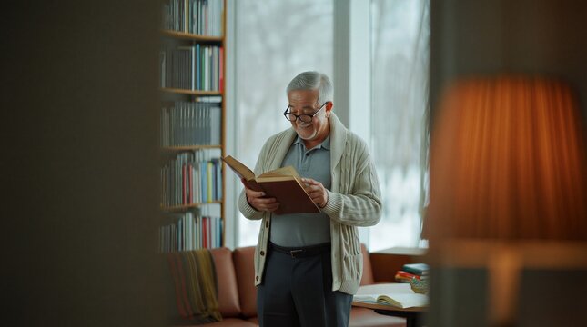 Senior bibliophile experiencing warm nostalgia while rediscovering a favorite passage in a cherished physical book.