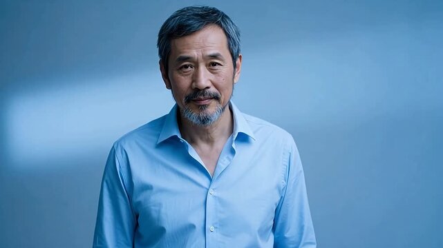 Man with gray hair and beard wearing blue shirt