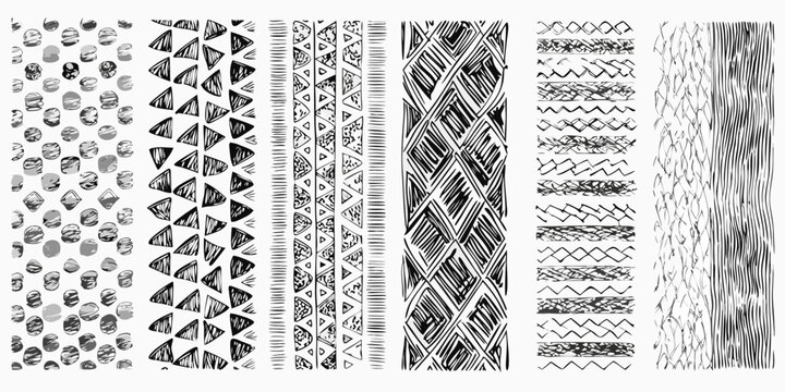 Variety of hand drawn black and white geometric pattern swatches