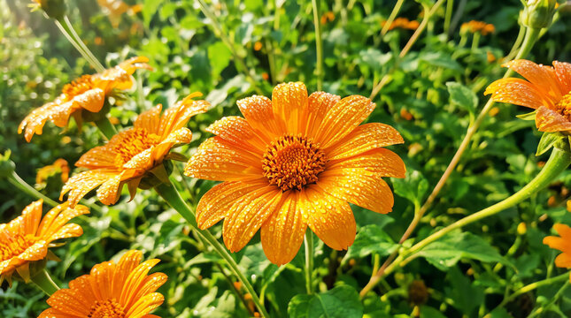 Flower with Fresh Dewdrops on Vibrant Orange Petals in Garden