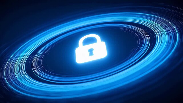 White lock icon with blue energy rings and security background