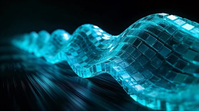 Abstract blue transparent blocks forming 3D wave structure on dark background
