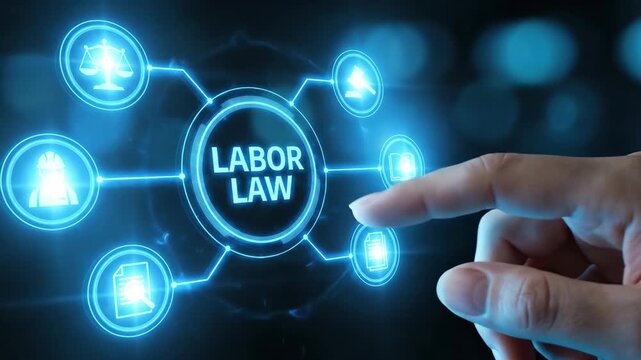 Labor law employment rights fairness compliance regulation equality protection justice promoting worker protection with hand touching digital interface icons for employment rights and compliance