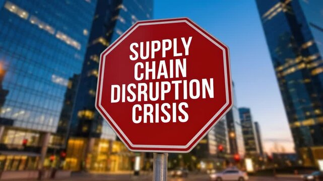 Supply chain disruption crisis risk shortage delay bottleneck economy warning sign on city street showing logistics challenge, business stress and pressure, failure difficulty signals driving economy