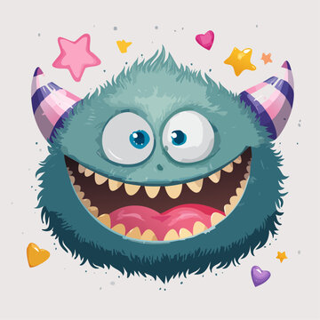 Playful Monster Face with Goofy Grin and Striped Horns, Cute Cartoon Creature Illustration