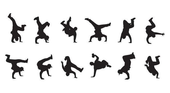 Vector illustration of breakdancing silhouettes in various poses and movements