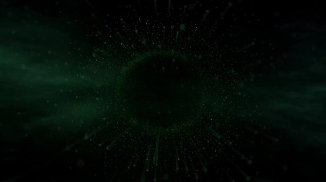 High-energy abstract background with vibrant green light rays and glowing particles radiating from a central dark void creating a futuristic tunnel effect on a dark backdrop.