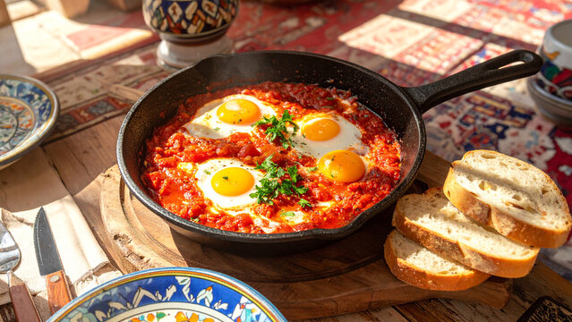Shakshuka in cast-iron skillet with vibrant tomato sauce and runny eggs, rustic bread, sunlit breakfast table, Middle Eastern brunch concept