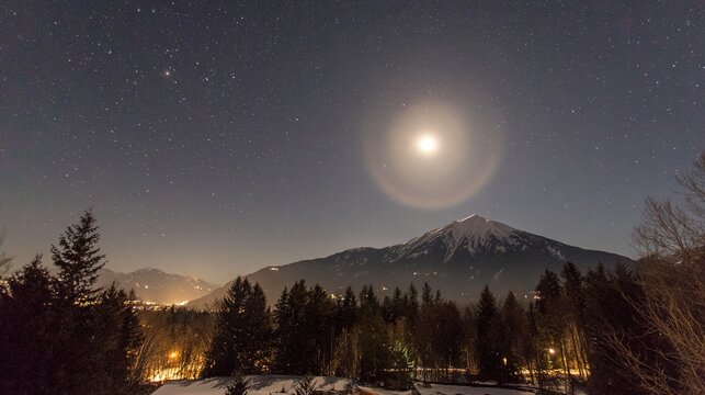 Serene Night Scene with Mountain Peak and Mysterious Halo

