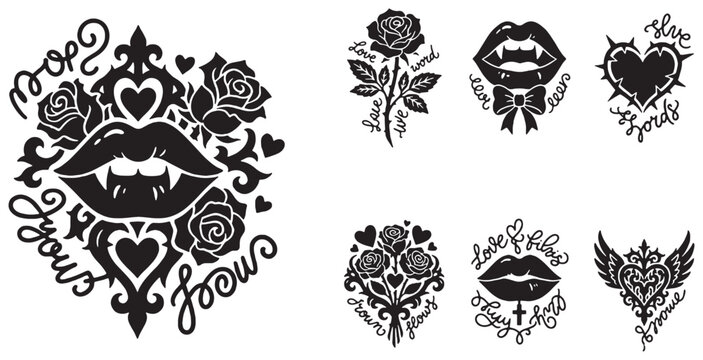 Set of Gothic Vampire Lips and Rose Illustrations with Decorative Elements.