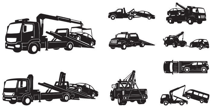 Collection of tow trucks and recovery vehicles lifting and transporting cars, presented in a graphic silhouette style.