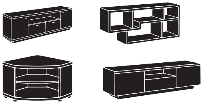 Collection of four different modern media console and TV stand designs in silhouette.