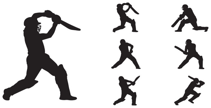 Collection of silhouettes of cricket players in various batting poses, illustrating the sport's dynamic action.