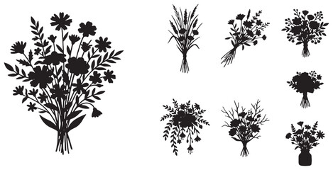 Collection of Silhouette Bouquets and Floral Arrangements, Black and White Vector Graphics. © Riki