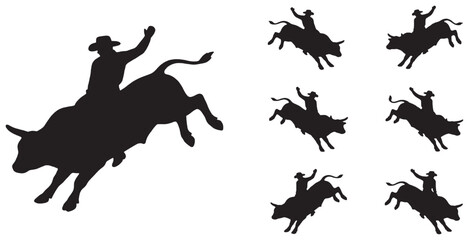 Naklejka premium Silhouette of a cowboy riding a bucking bull, with smaller silhouettes of the same action repeated on the right.