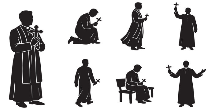 Collection of Silhouette Illustrations of a Priest in Various Poses Holding a Cross.