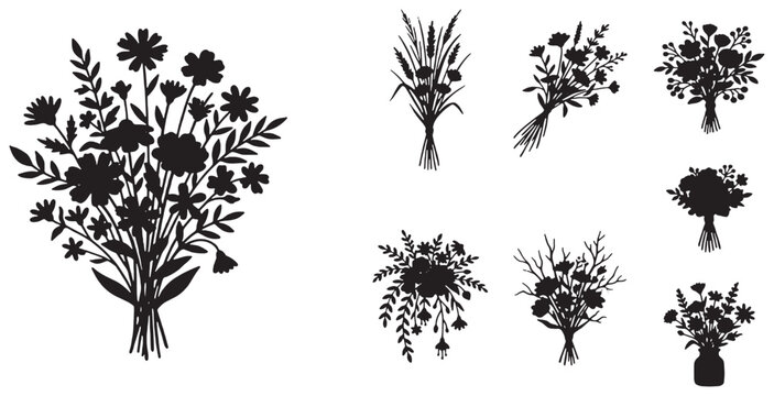 Collection of Silhouette Bouquets and Floral Arrangements, Black and White Vector Graphics.