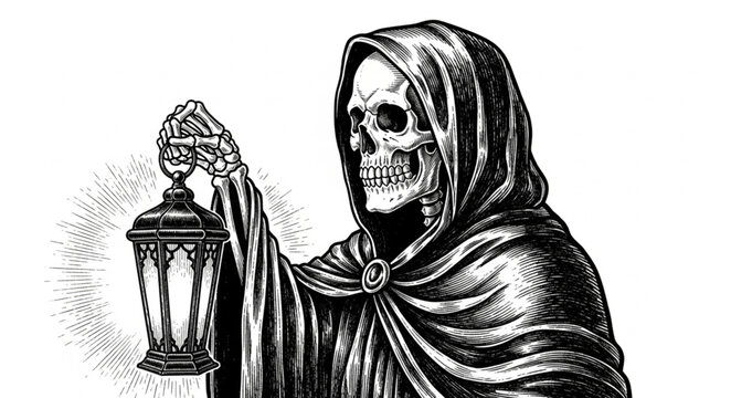 Grim Reaper holding an old lantern in black and white.