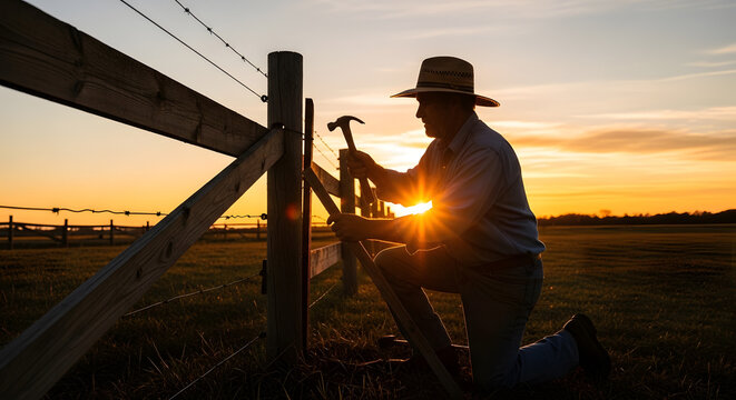 A male farmer wearing a straw hat kneeling in a grassy field and using a hammer to fix a wooden fence at sunset