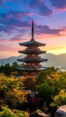 Fototapeta premium A serene pagoda amidst vibrant autumn foliage at sunset