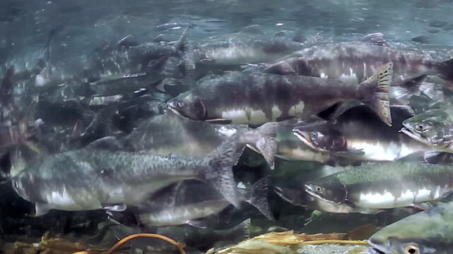 Observe enchanting movement of school of salmon as they glide gracefully through crystal-clear waters. This mesmerizing display unfolds during early morning hours, revealing their natural beauty.