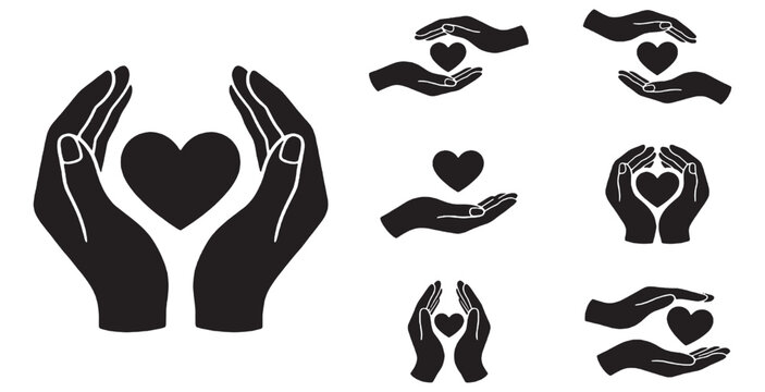 Set of black and white vector icons depicting hands holding and protecting hearts, symbolizing care, love, and support.