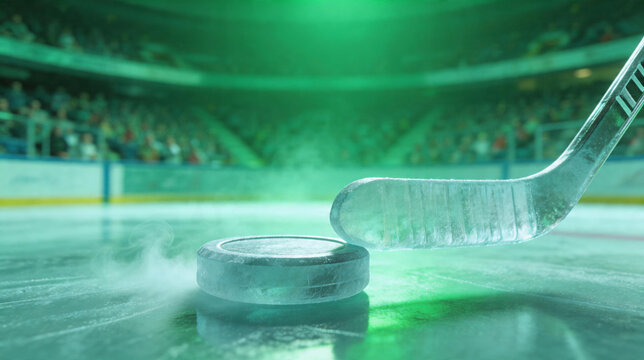 Close Up of Ice Hockey Puck and Frozen Stick Blade with Neon Green Glow, Misty Arena and Cinematic Sports Concept
