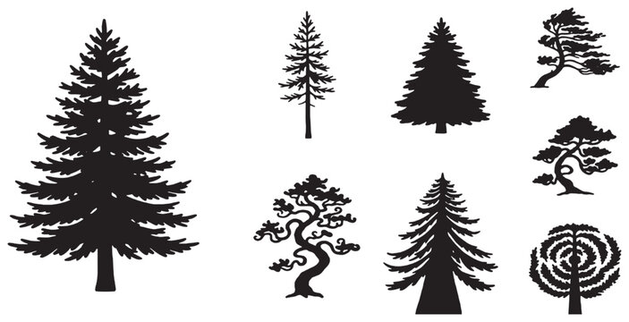 A collection of diverse tree silhouettes, including coniferous and deciduous shapes, showcasing various styles and forms of trees.