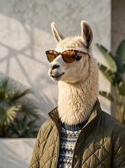 Fototapeta premium Wealthy Alpaca Character in Quilted Jacket and Fashion Glasses