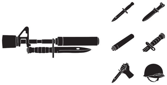 Collection of military weapons and gear including a rifle with bayonet and suppressor, various combat knives, and a helmet.