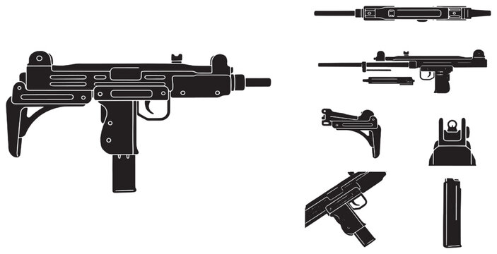 Vector illustration of an Uzi submachine gun with various disassembled parts and components shown in detail.