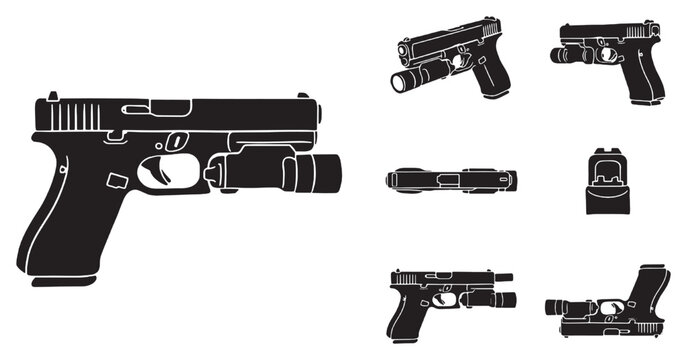 Black and white vector illustration of a handgun with a tactical flashlight attachment and various component views.