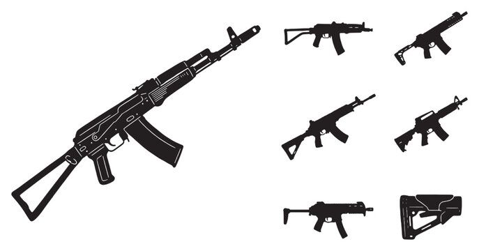 Collection of various assault rifles and submachine guns in black and white silhouette style, featuring a detailed AK-style rifle prominently.