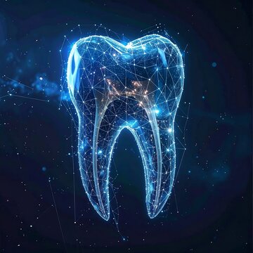 A glowing blue tooth with a network of lines and dots on a dark background