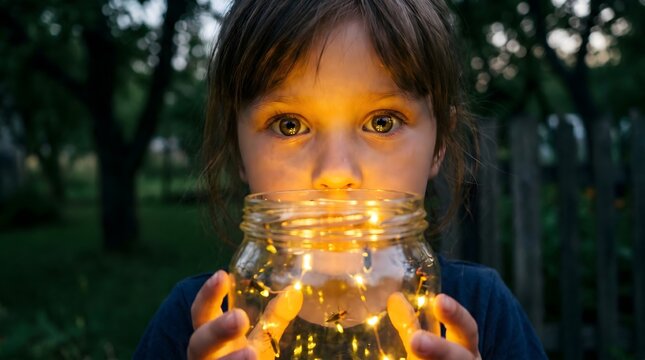Child holding jar filled with glowing fairy lights outdoors at dusk, the background is a soft blur
