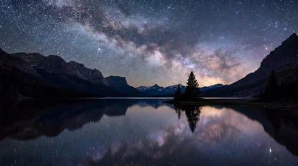 Fototapete Reflection Milky way galaxy reflected in a calm lake with mountain silhouette reflection mountains universe  © xiangan