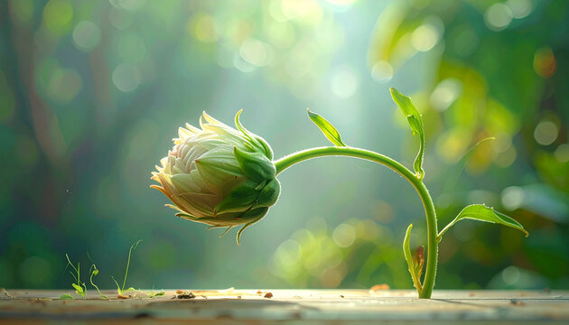 Delicate flower bud with green leaves