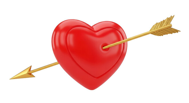 A red heart pierced by a golden arrow symbolizing love and romance. isolated on transparent background