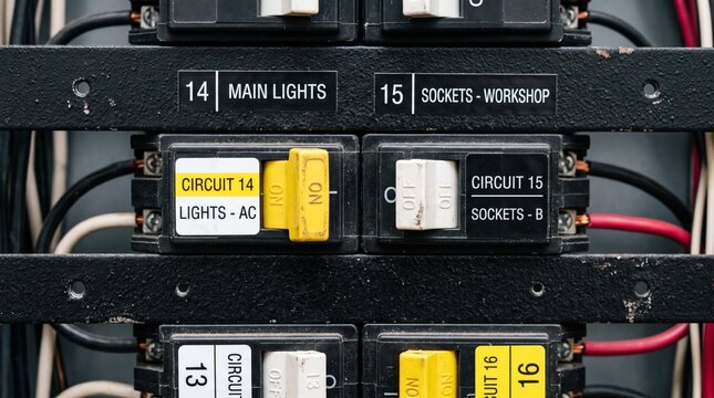 Close-up view of an electrical panel with circuit breakers and wiring