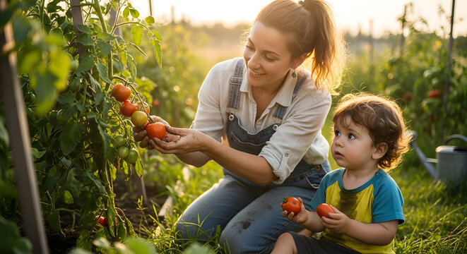Happy young woman teaching her small child how to pick organic tomatoes from the vine at sunset