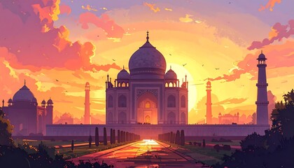 Obraz premium A majestic palace in India basks in the vibrant glow of the setting sun, framed by trees and minarets in a picturesque sky