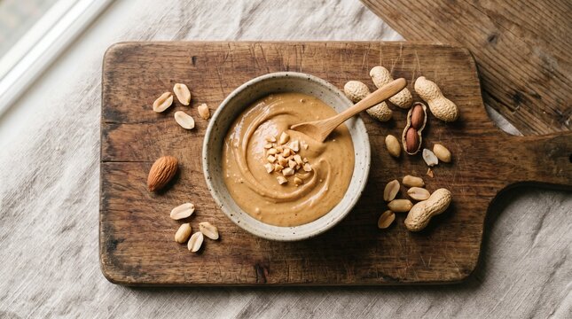 Peanut butter in a bowl with spoon on wooden cutting board surrounded by peanuts